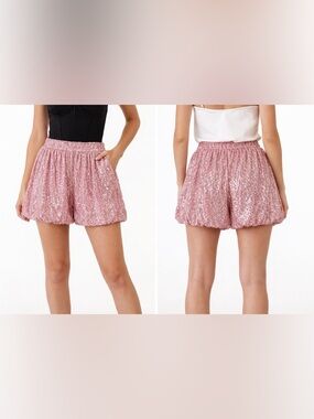 Endless Rose Pink Sequin Blouson Shorts NWT Size L Elastic Waist Party Holiday